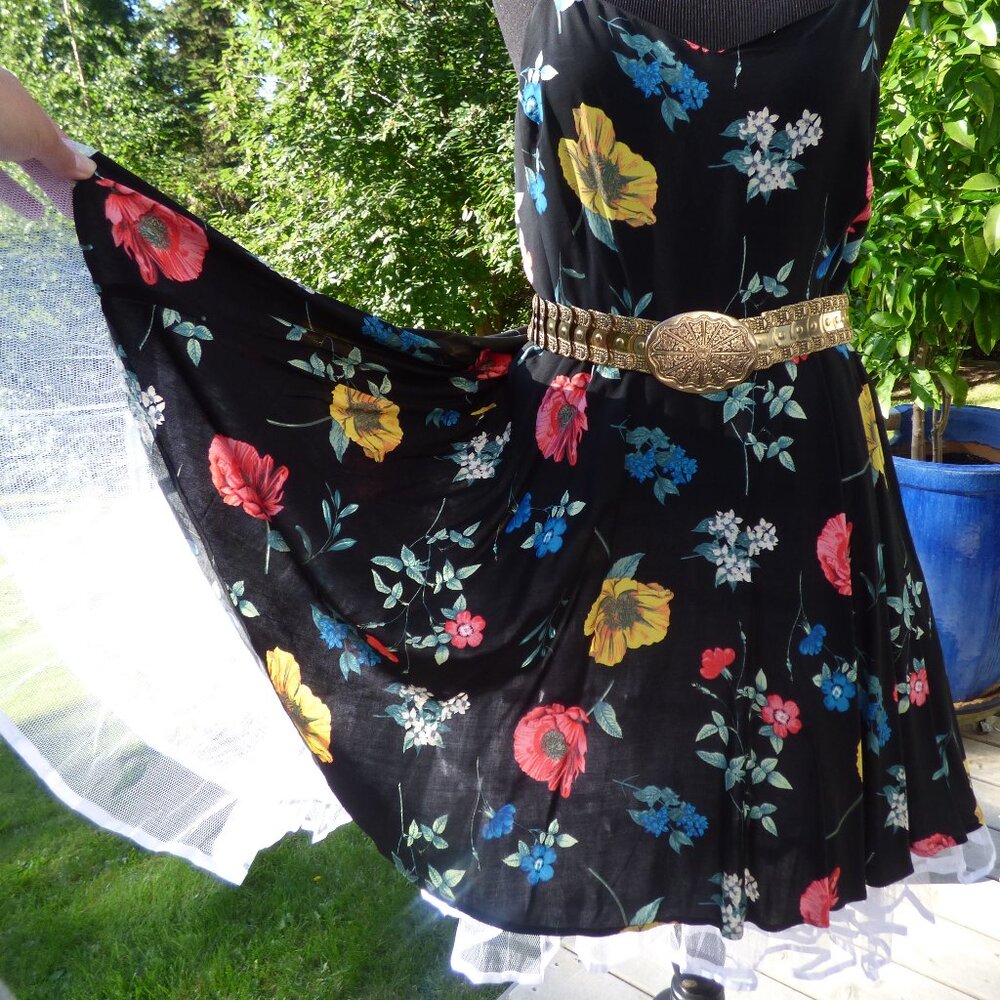 GOTH ROCKABILLY PIN UP BLACK FLORAL SKATER MINI DRESS ELASTIC BACK XL